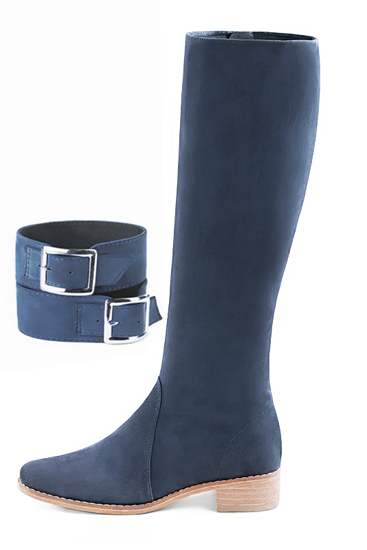 Denim blue women's calf bracelets, to wear over boots. Top view - Florence KOOIJMAN